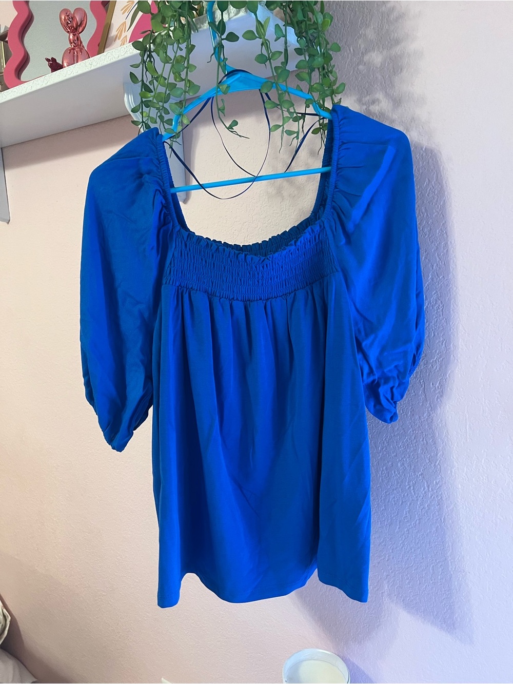 Blue Smocked Square-Neck Puff Sleeve Top